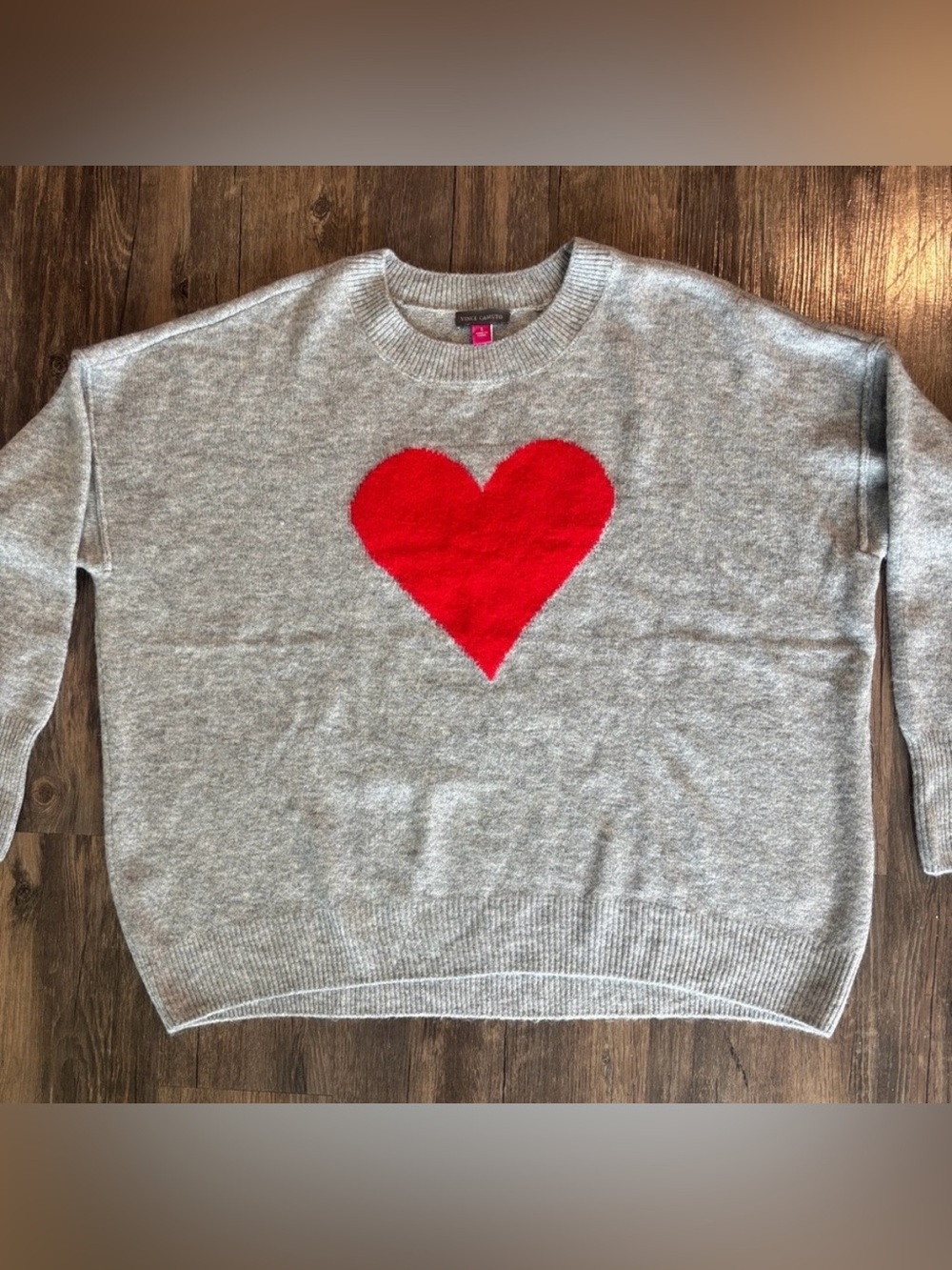 Women's Vince Camuto Gray Heart Oversized Crewneck Sweater with Red Heart, Large